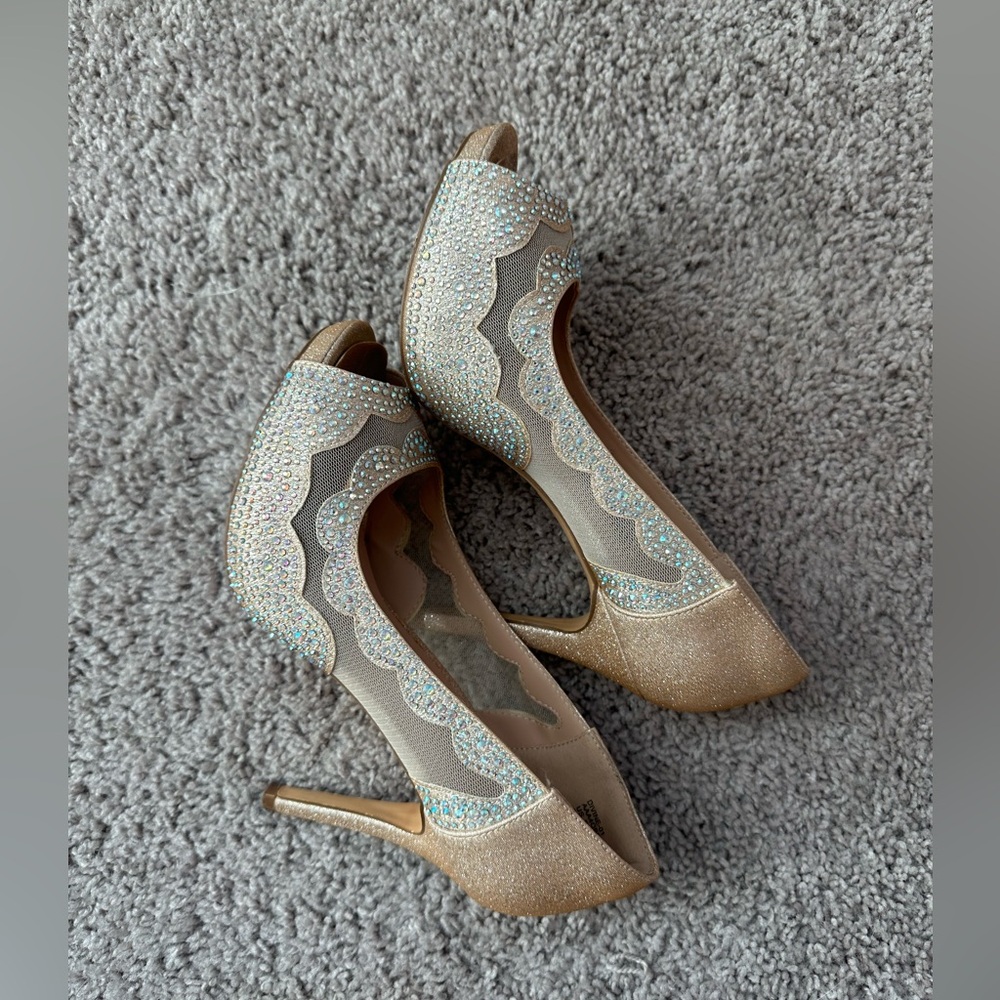 Chic Gold Peep-Toe Heels with Rhinestone Detail